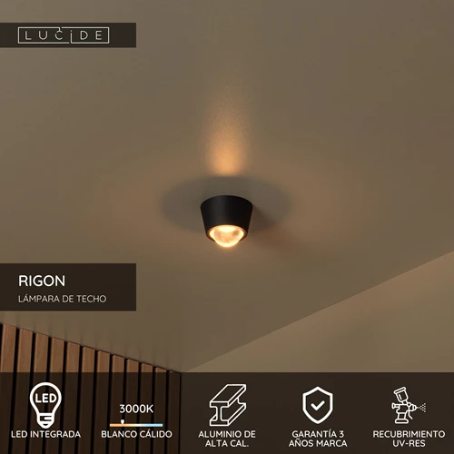 Lucide RIGON - Lámpara de techo - Ø 9 cm - LED - 1x6W 3000K - Negro - USP